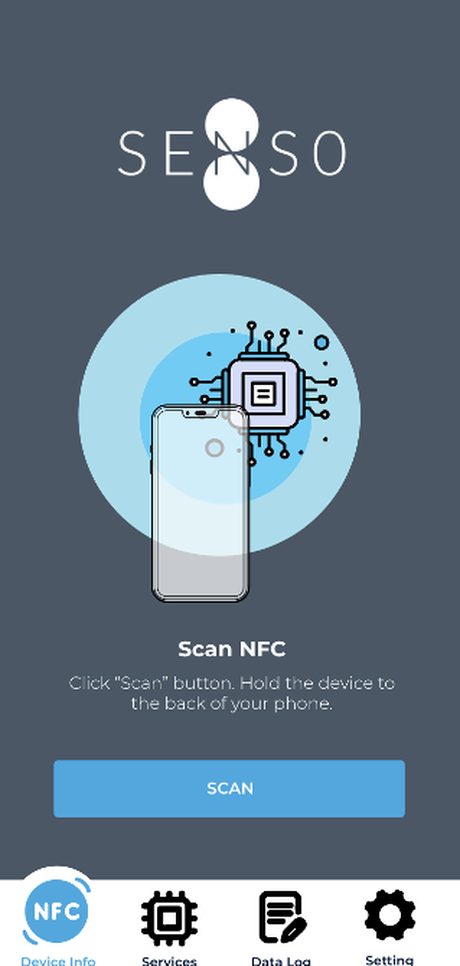 SENSO app Scan NFC screen with SCAN button and Device Info tab
