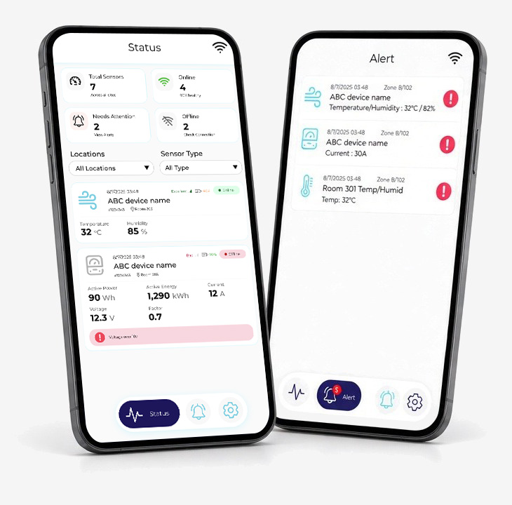 WSmart mobile app status and alert screens